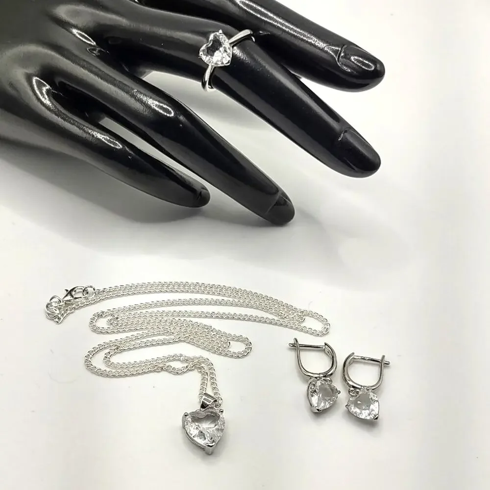 925 Silver Necklace Ring & Earring Set White CZ Diamond Heart Stones Valentines